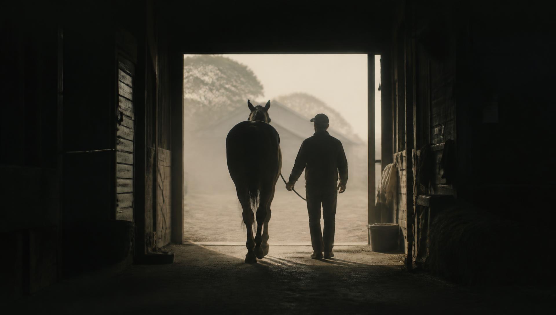 A Thoroughbred led down a lit barn aisle before dawn