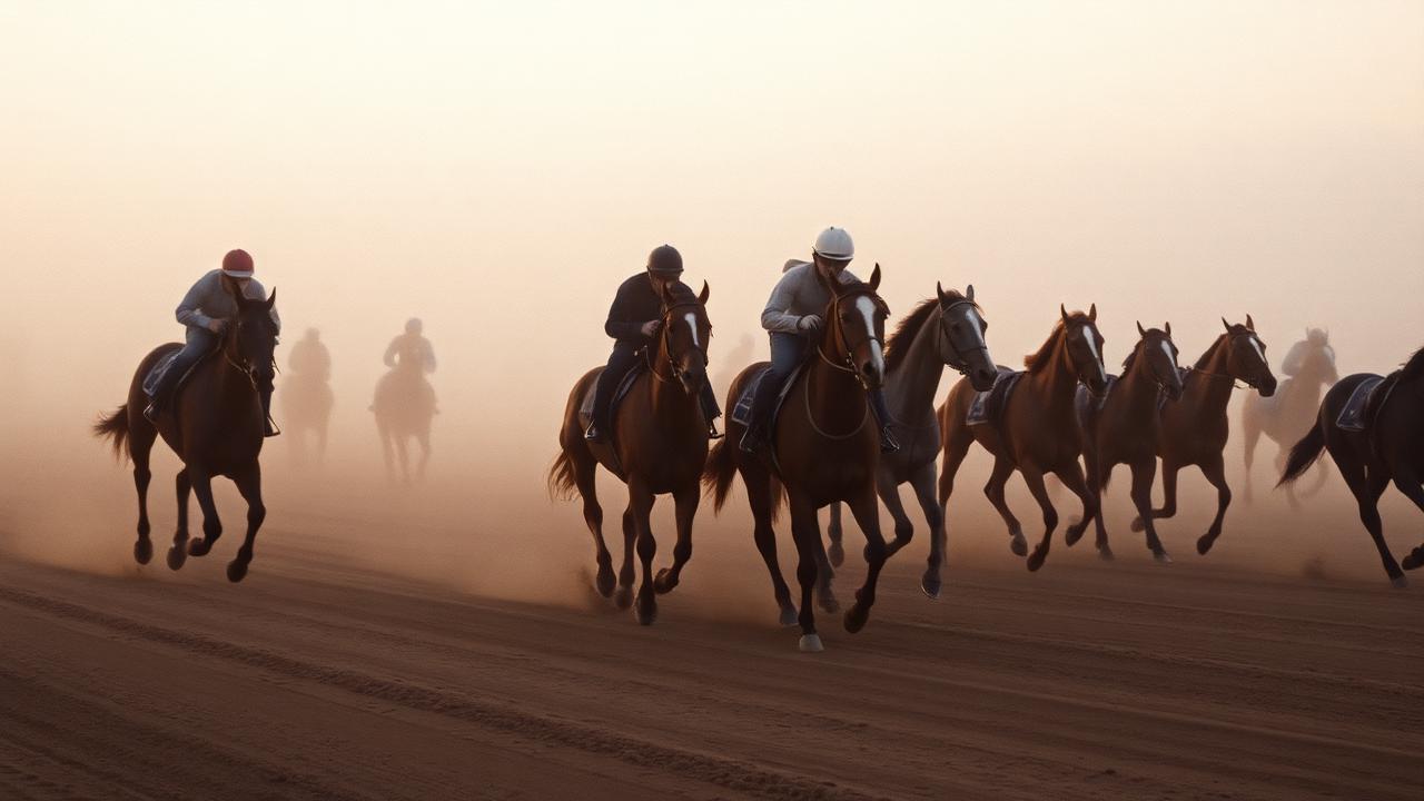 Exercise riders breezing horses on a training track before sunrise